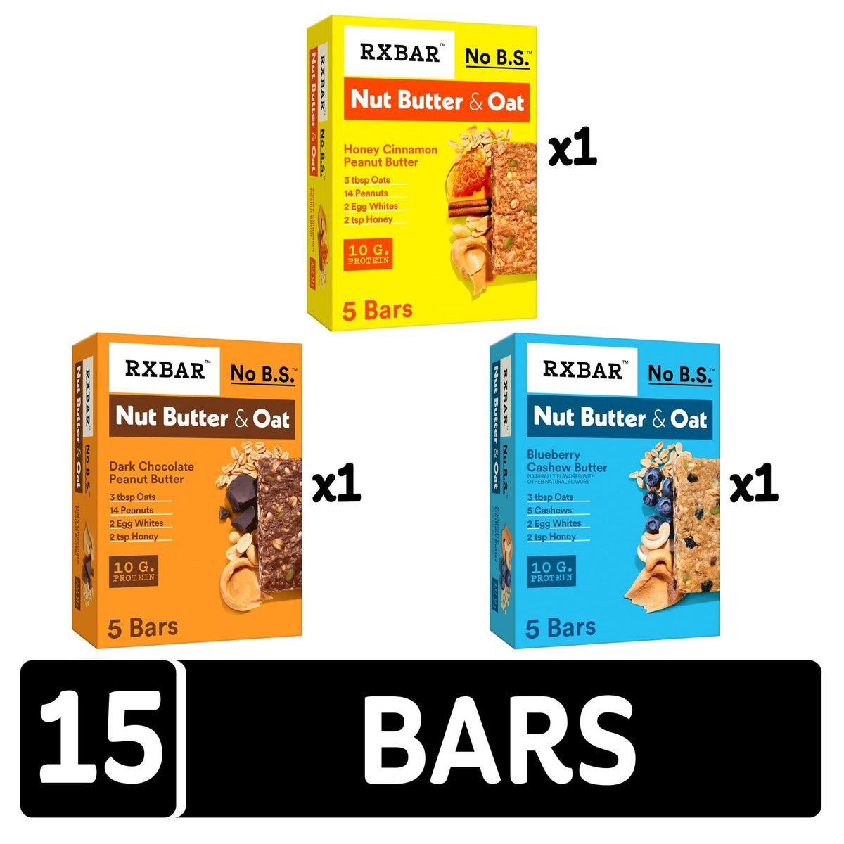 RXBAR Nut Butter & Oat Protein Bars Variety Pack | 15 Bars, 3 Boxes | High-Protein Snack