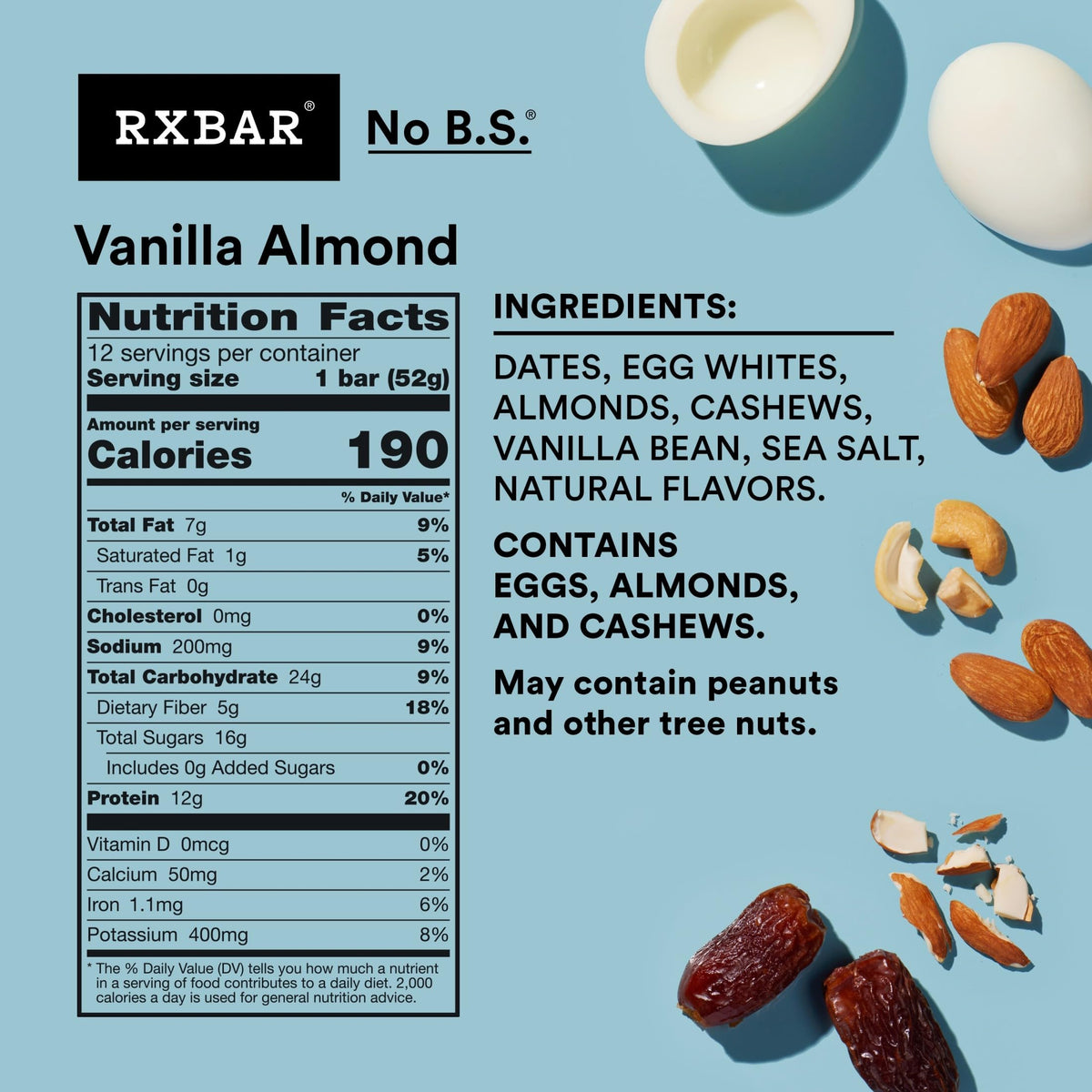 RXBAR Vanilla Almond Protein Bars – 22oz Box (12 Bars) | 12g Protein, Gluten Free