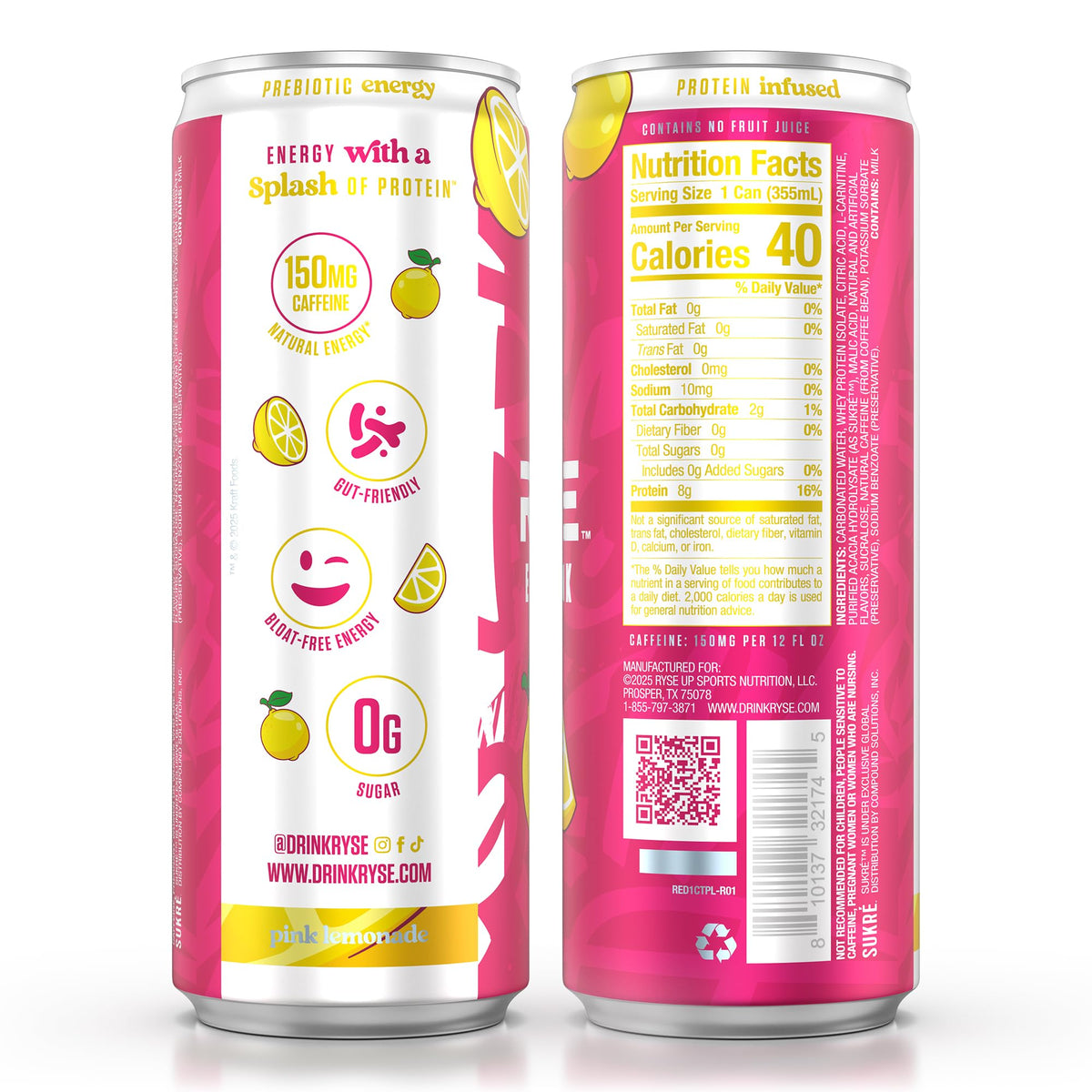 RYSE Functional Energy Drink – Country Time Pink Lemonade | 150mg Caffeine, 8g Protein, 1g Prebiotic | Sugar Free 12-Pack