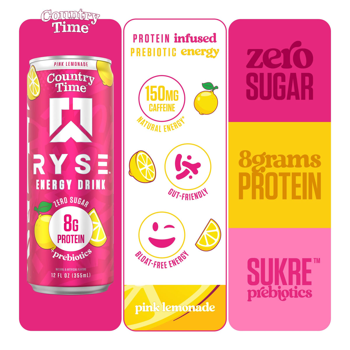 RYSE Functional Energy Drink – Country Time Pink Lemonade | 150mg Caffeine, 8g Protein, 1g Prebiotic | Sugar Free 12-Pack