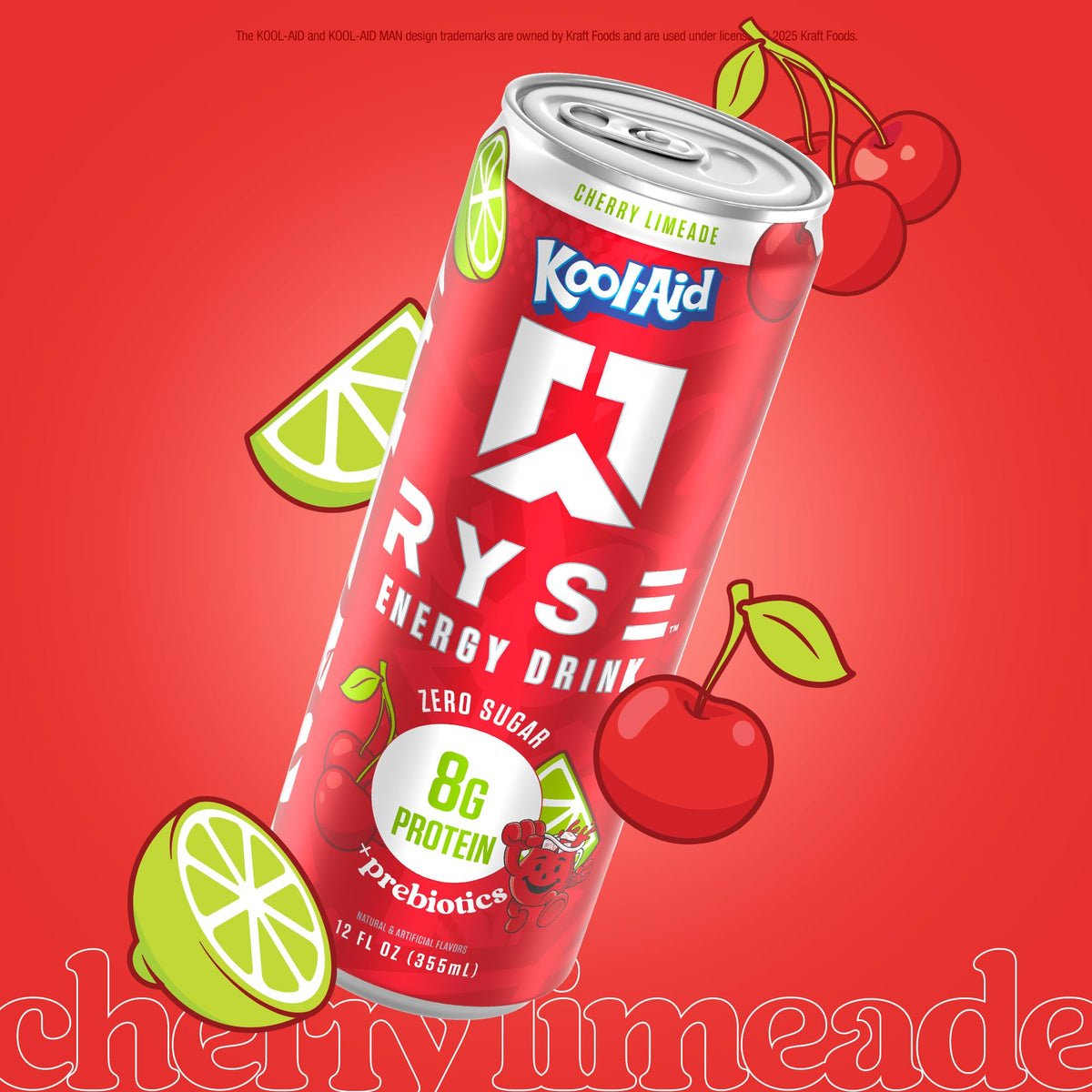 RYSE Functional Energy Drink Kool-Aid Cherry Limeade — 150mg Caffeine, 8g Protein, 1g Prebiotic, Sugar Free