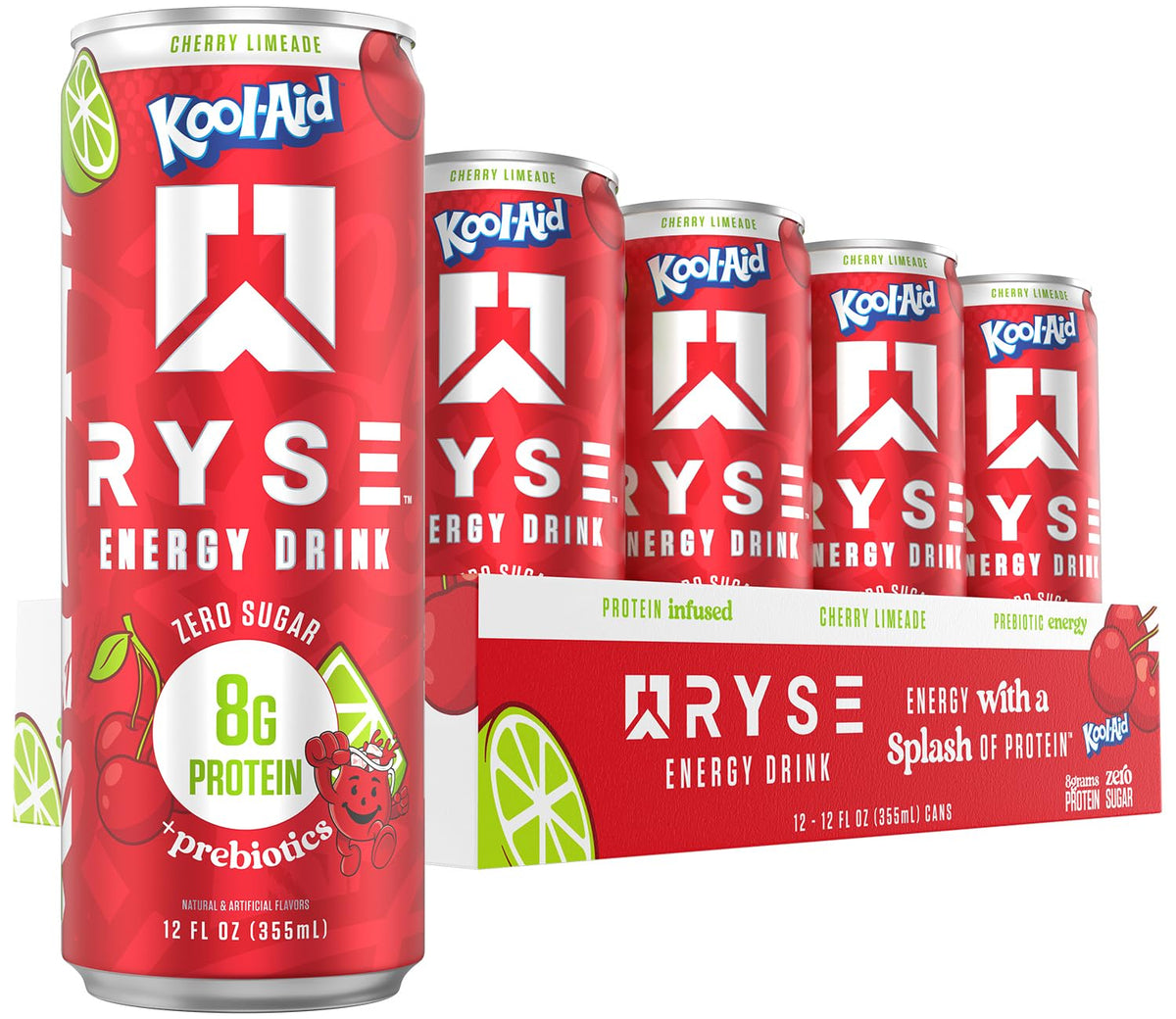 RYSE Functional Energy Drink Kool-Aid Cherry Limeade — 150mg Caffeine, 8g Protein, 1g Prebiotic, Sugar Free