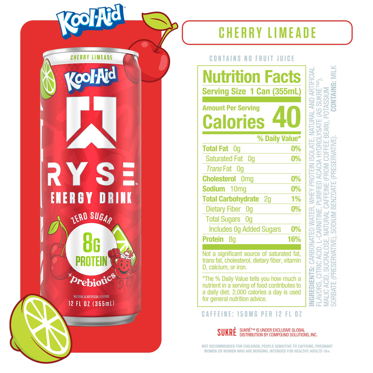 RYSE Functional Energy Drink Kool-Aid Cherry Limeade — 150mg Caffeine, 8g Protein, 1g Prebiotic, Sugar Free