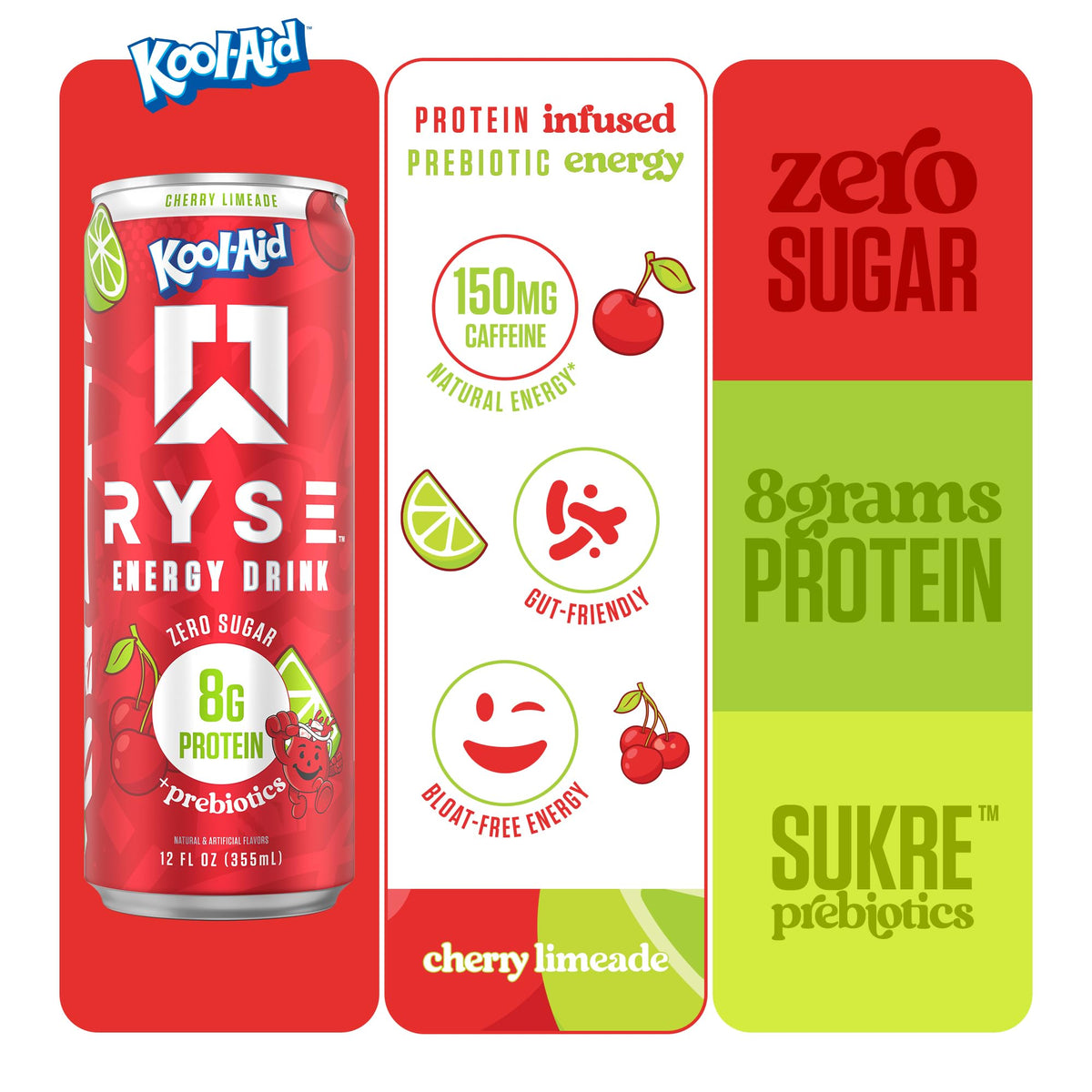 RYSE Functional Energy Drink Kool-Aid Cherry Limeade — 150mg Caffeine, 8g Protein, 1g Prebiotic, Sugar Free