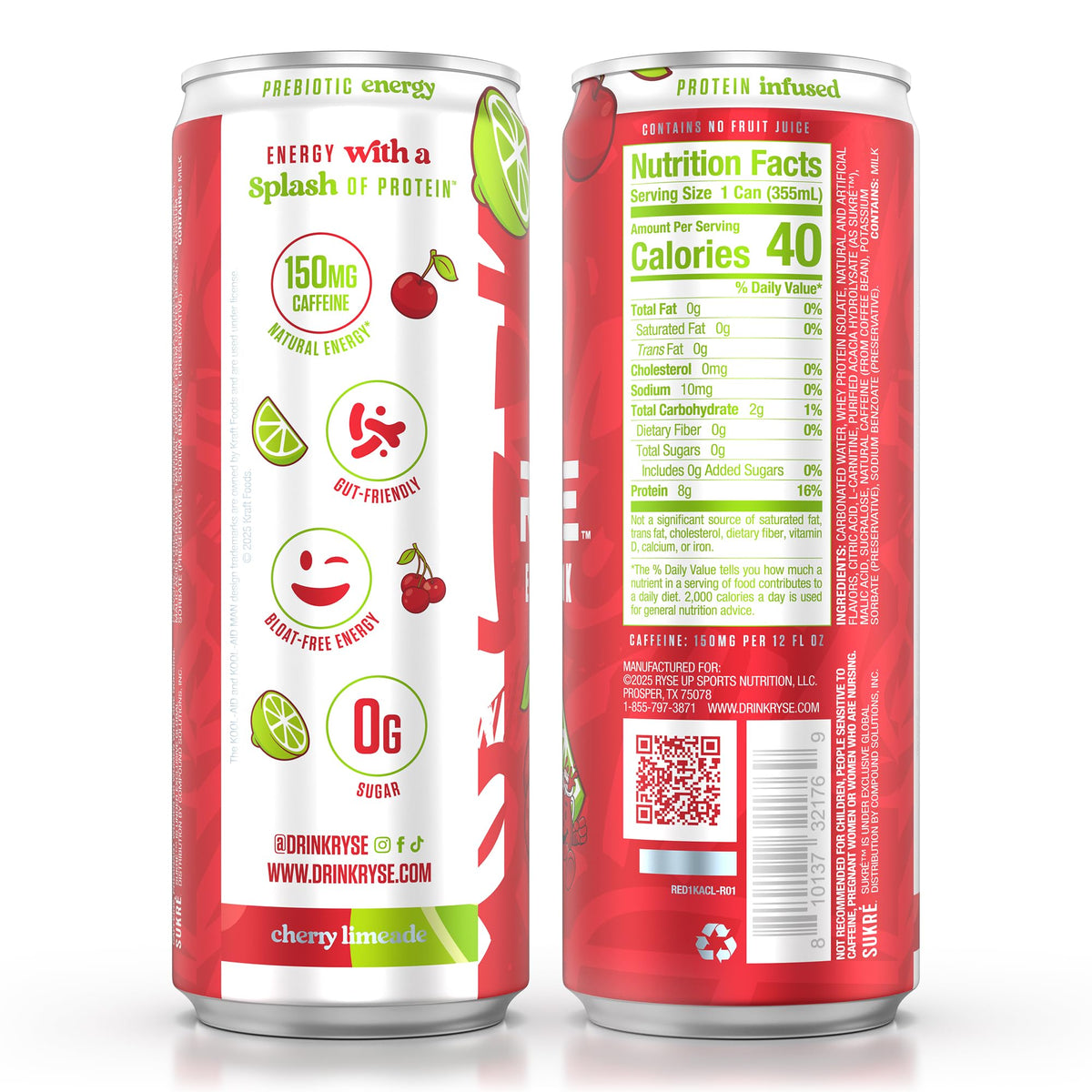RYSE Functional Energy Drink Kool-Aid Cherry Limeade — 150mg Caffeine, 8g Protein, 1g Prebiotic, Sugar Free