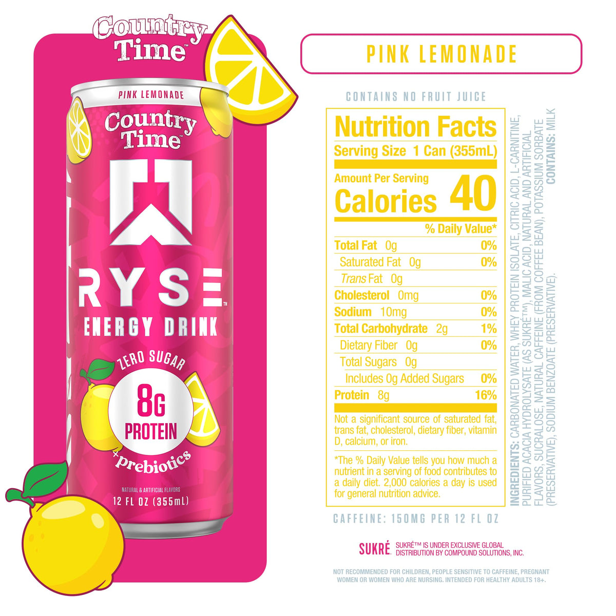 RYSE Functional Energy Drink – Country Time Pink Lemonade | 150mg Caffeine, 8g Protein, 1g Prebiotic | Sugar Free 12-Pack