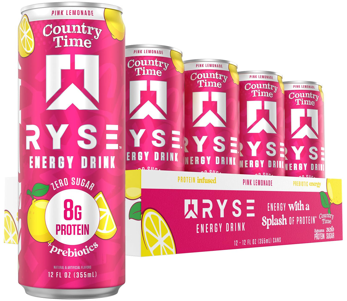RYSE Functional Energy Drink – Country Time Pink Lemonade | 150mg Caffeine, 8g Protein, 1g Prebiotic | Sugar Free 12-Pack