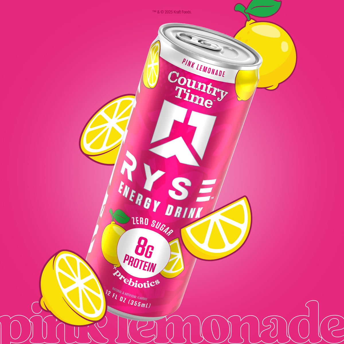 RYSE Functional Energy Drink – Country Time Pink Lemonade | 150mg Caffeine, 8g Protein, 1g Prebiotic | Sugar Free 12-Pack