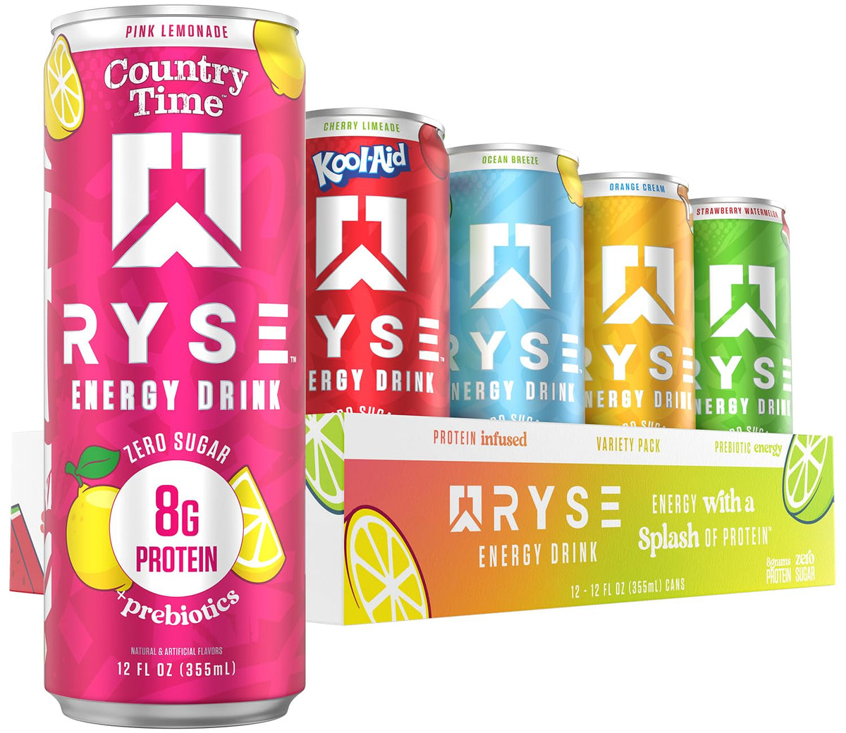 RYSE Functional Energy Drink Variety Pack – 12 Cans | 150mg Caffeine, 8g Protein, 1g Prebiotics, Sugar Free