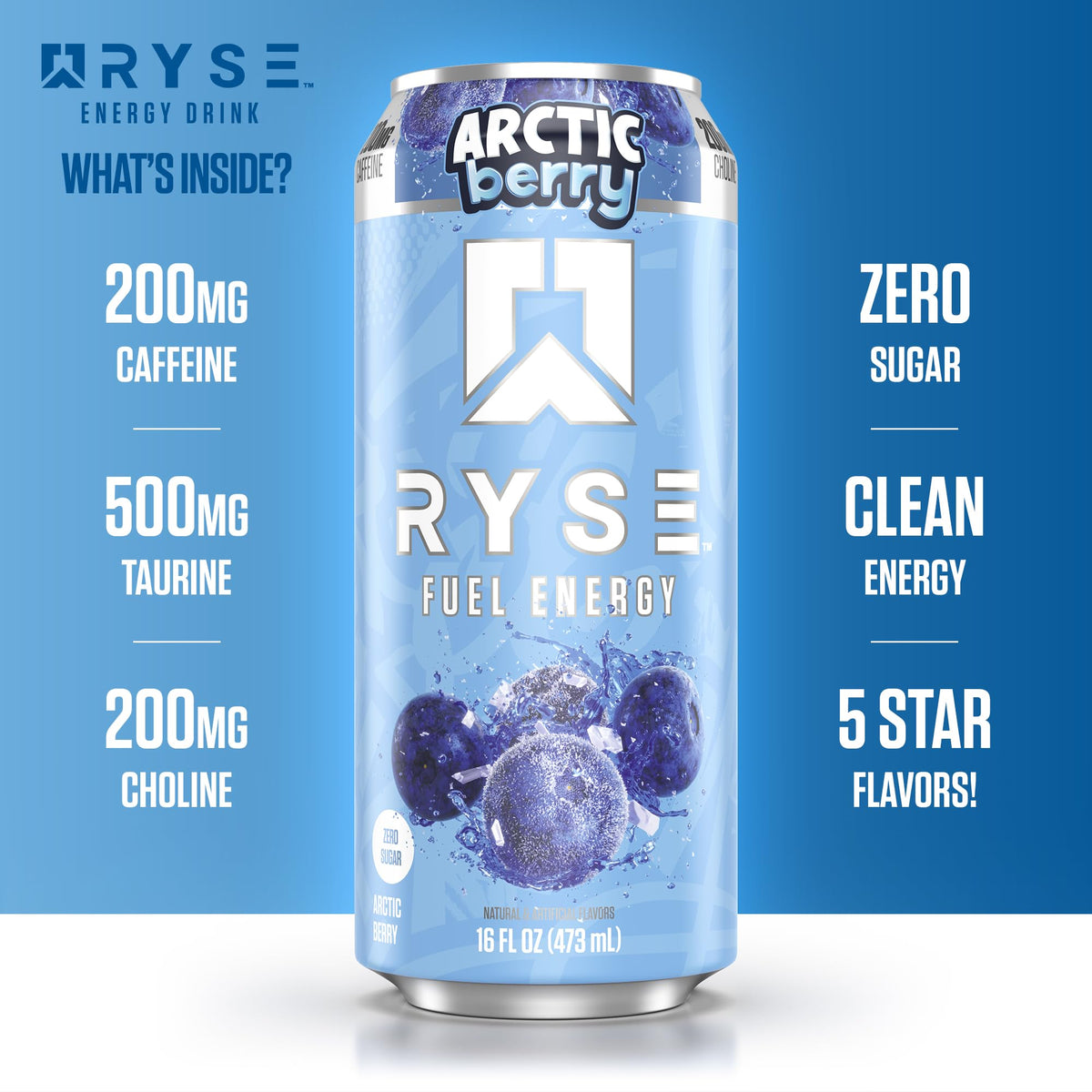 RYSE Fuel Energy Drink Arctic Berry – Sugar Free, 200mg Caffeine, Vegan & Gluten Free (12-Pack)