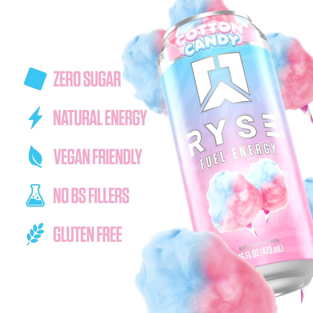 RYSE Fuel Energy Drink – Cotton Candy, Sugar Free, 200mg Caffeine, 16oz Cans (12-Pack)