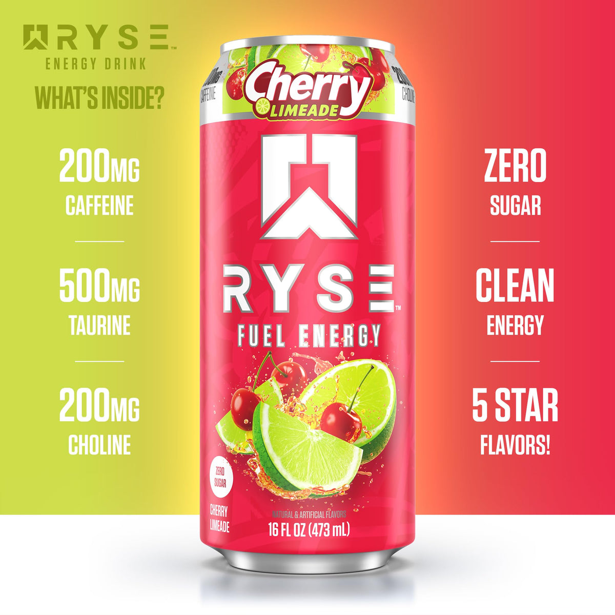 RYSE Fuel Energy Drink – Cherry Limeade | Sugar Free, Vegan, Gluten Free | 200mg Caffeine