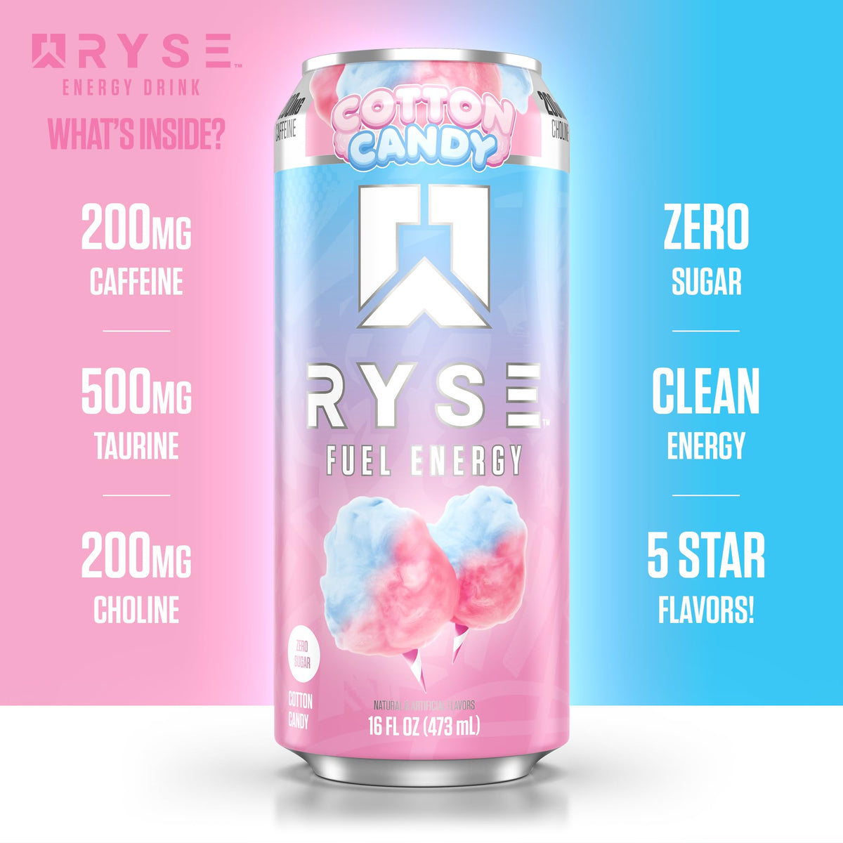 RYSE Fuel Energy Drink – Cotton Candy, Sugar Free, 200mg Caffeine, 16oz Cans (12-Pack)