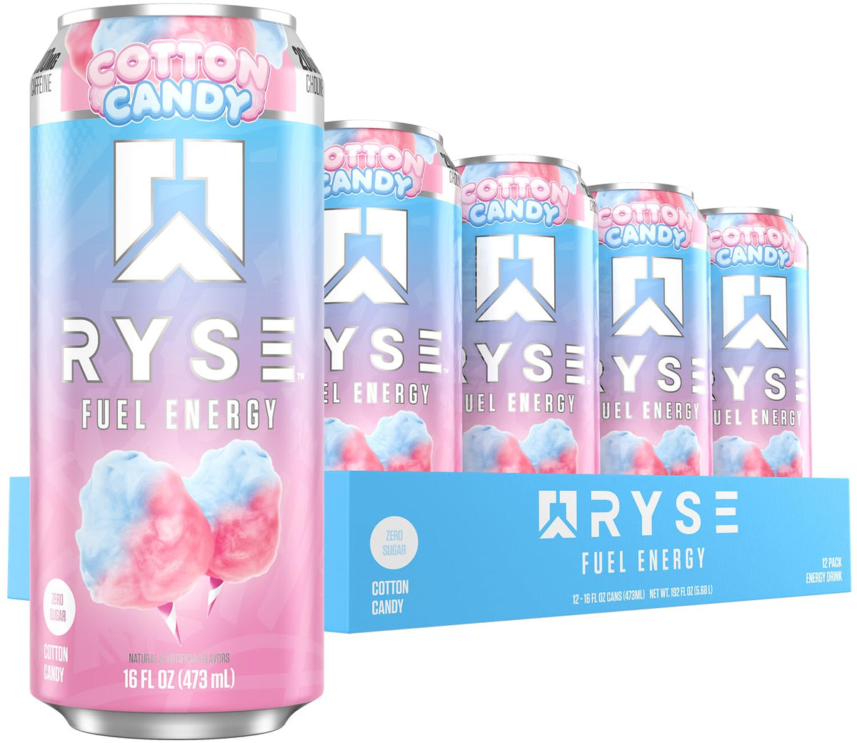 RYSE Fuel Energy Drink – Cotton Candy, Sugar Free, 200mg Caffeine, 16oz Cans (12-Pack)