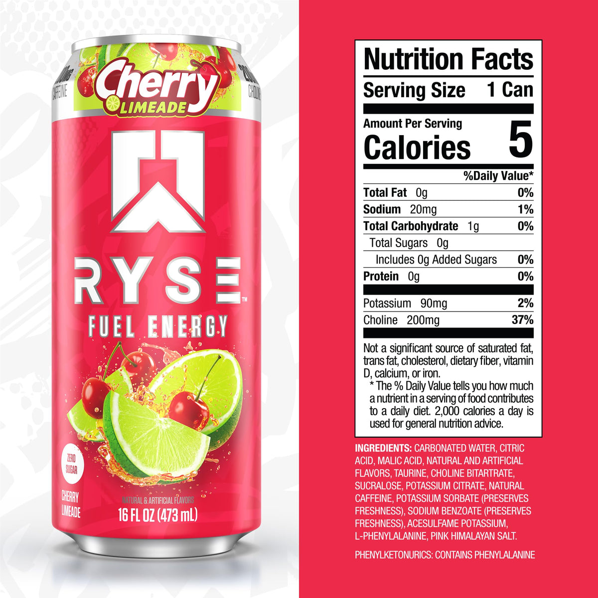RYSE Fuel Energy Drink – Cherry Limeade | Sugar Free, Vegan, Gluten Free | 200mg Caffeine