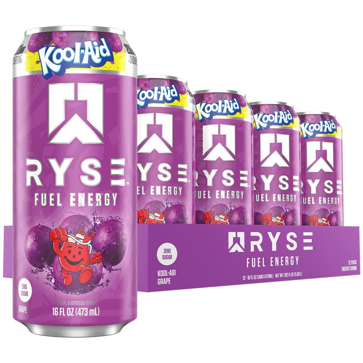 RYSE Fuel Energy Drink Kool-Aid Grape – Sugar Free, Vegan, Gluten Free | 200mg Caffeine, 16oz Can (12-Pack)