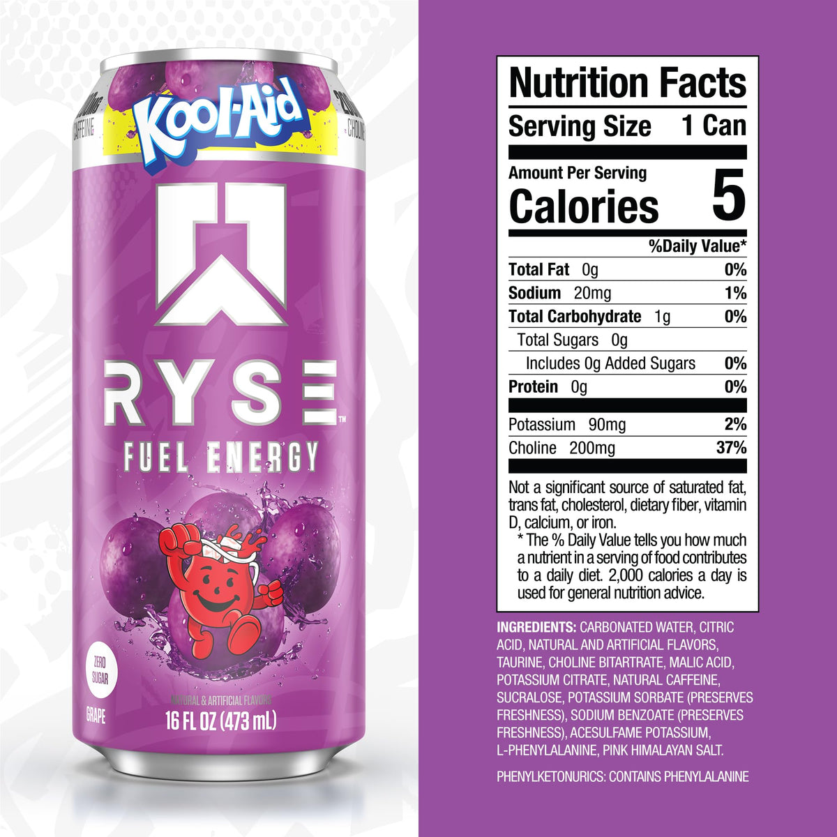 RYSE Fuel Energy Drink Kool-Aid Grape – Sugar Free, Vegan, Gluten Free | 200mg Caffeine, 16oz Can (12-Pack)