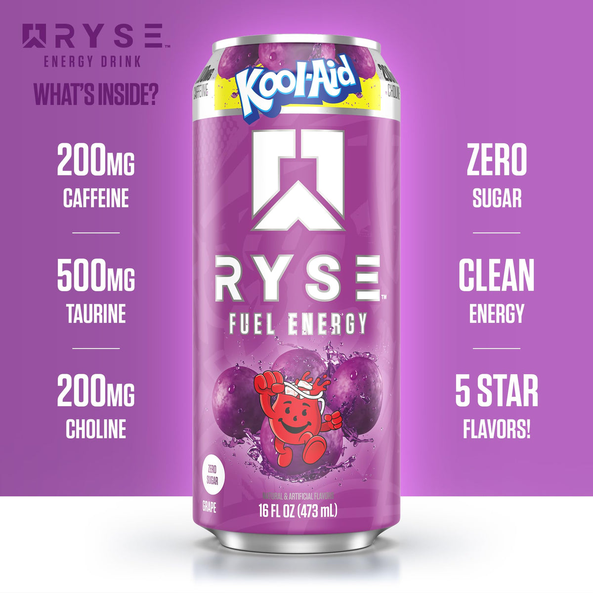 RYSE Fuel Energy Drink Kool-Aid Grape – Sugar Free, Vegan, Gluten Free | 200mg Caffeine, 16oz Can (12-Pack)