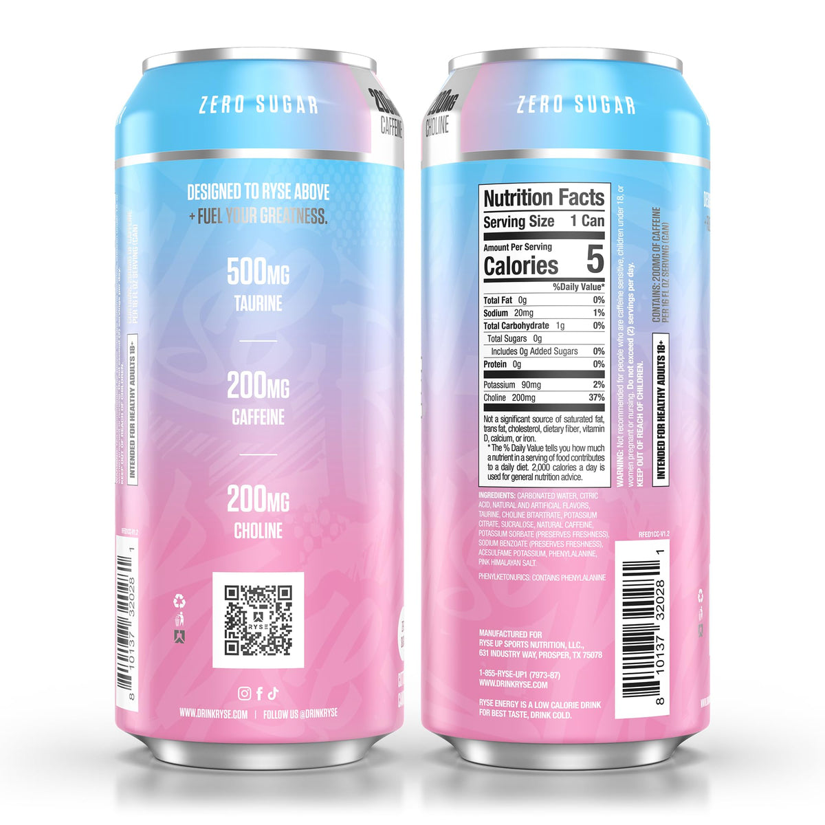 RYSE Fuel Energy Drink – Cotton Candy, Sugar Free, 200mg Caffeine, 16oz Cans (12-Pack)