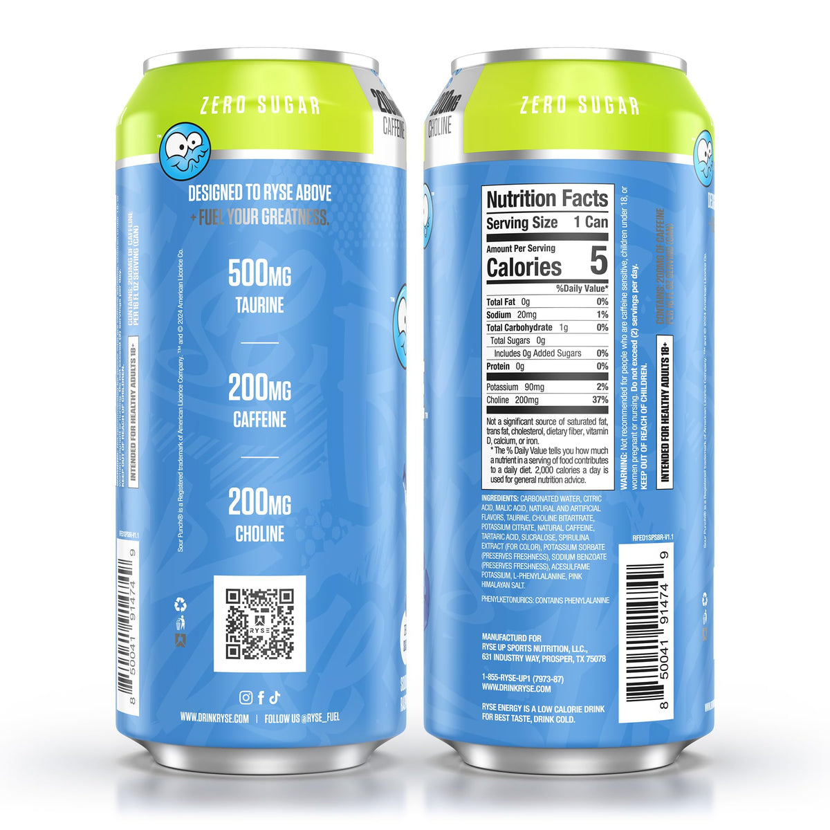 RYSE Fuel Energy Drink – Sour Punch Blue Raspberry – Sugar Free, Vegan, Gluten Free, 200mg Caffeine | 16 fl oz Cans (12-Pack)
