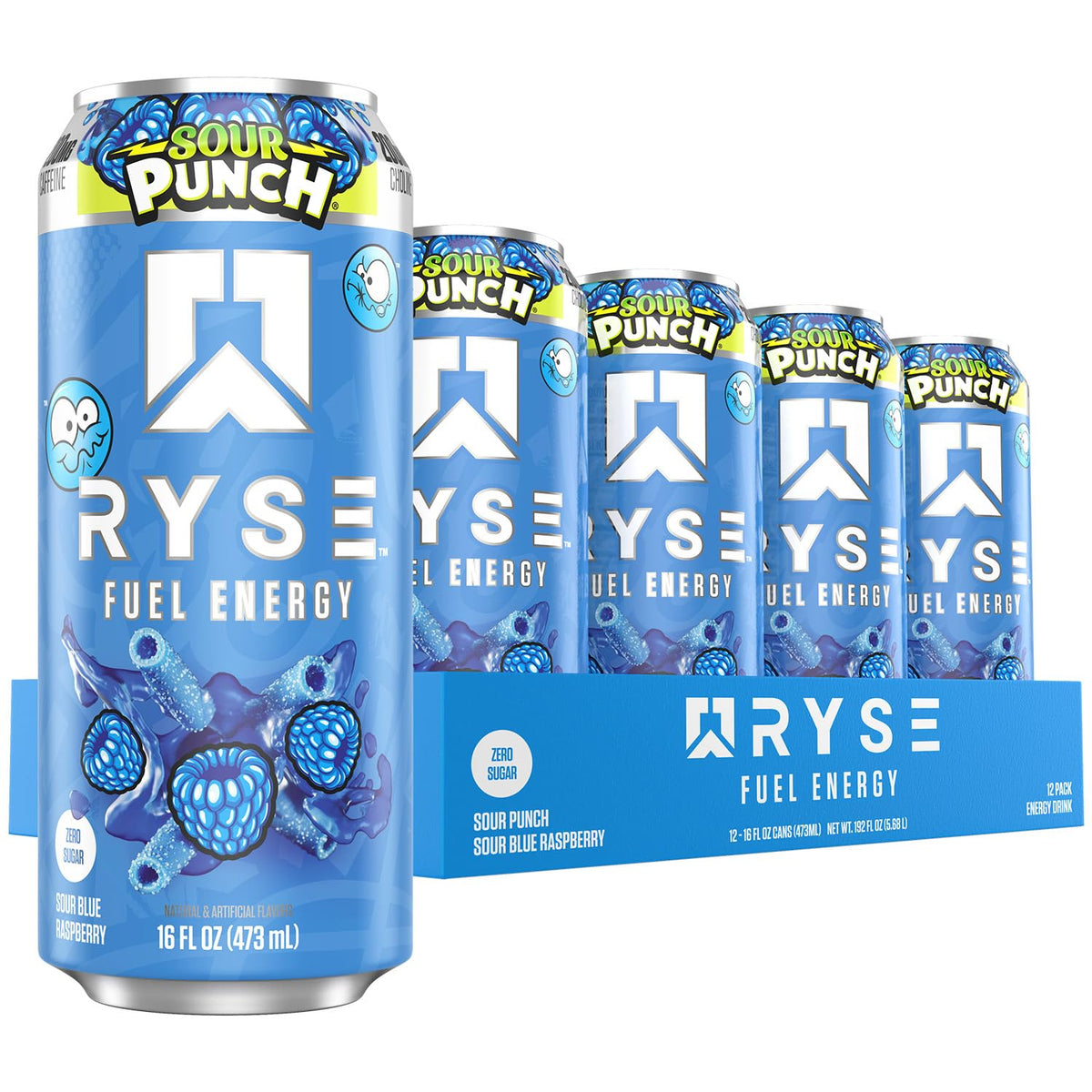 RYSE Fuel Energy Drink – Sour Punch Blue Raspberry – Sugar Free, Vegan, Gluten Free, 200mg Caffeine | 16 fl oz Cans (12-Pack)