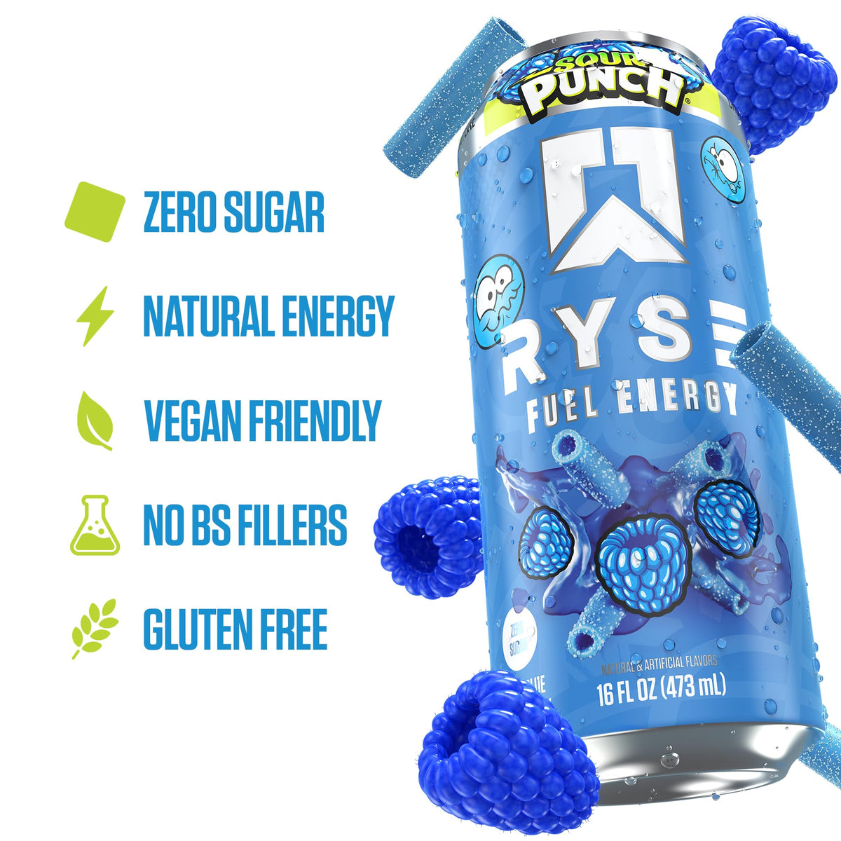 RYSE Fuel Energy Drink – Sour Punch Blue Raspberry – Sugar Free, Vegan, Gluten Free, 200mg Caffeine | 16 fl oz Cans (12-Pack)