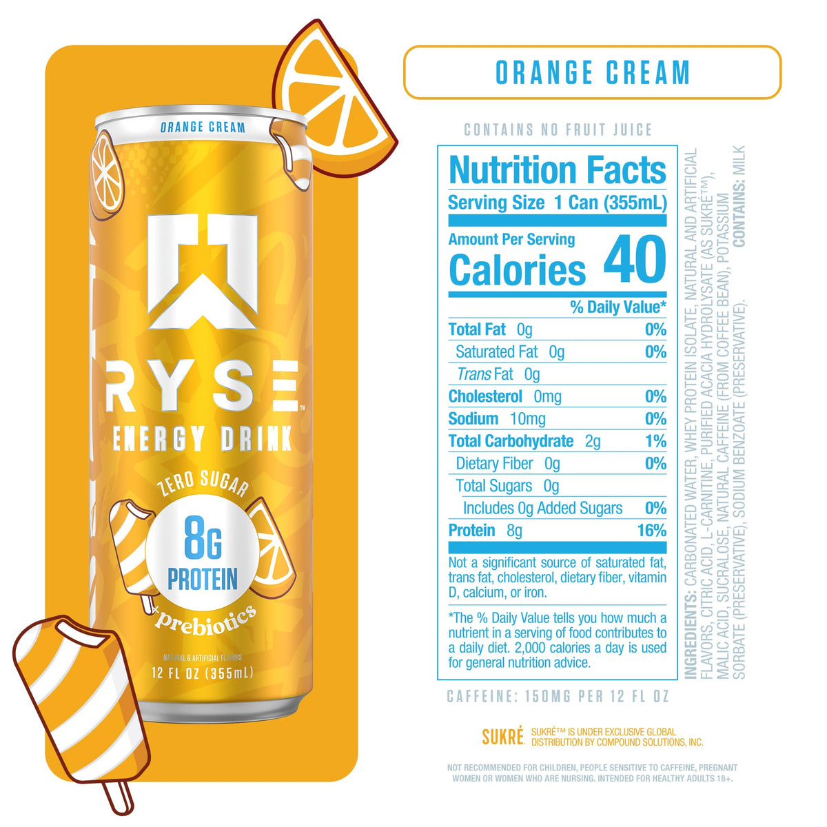 RYSE Functional Energy Drink - Orange Cream | 150mg Caffeine, 8g Protein, 1g Prebiotics | Sugar Free, Gut-Friendly | 12 fl oz Cans (12-Pack)