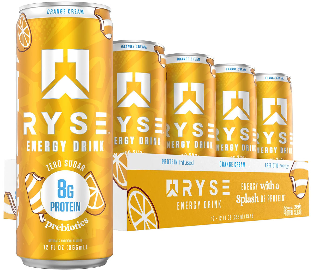 RYSE Functional Energy Drink - Orange Cream | 150mg Caffeine, 8g Protein, 1g Prebiotics | Sugar Free, Gut-Friendly | 12 fl oz Cans (12-Pack)