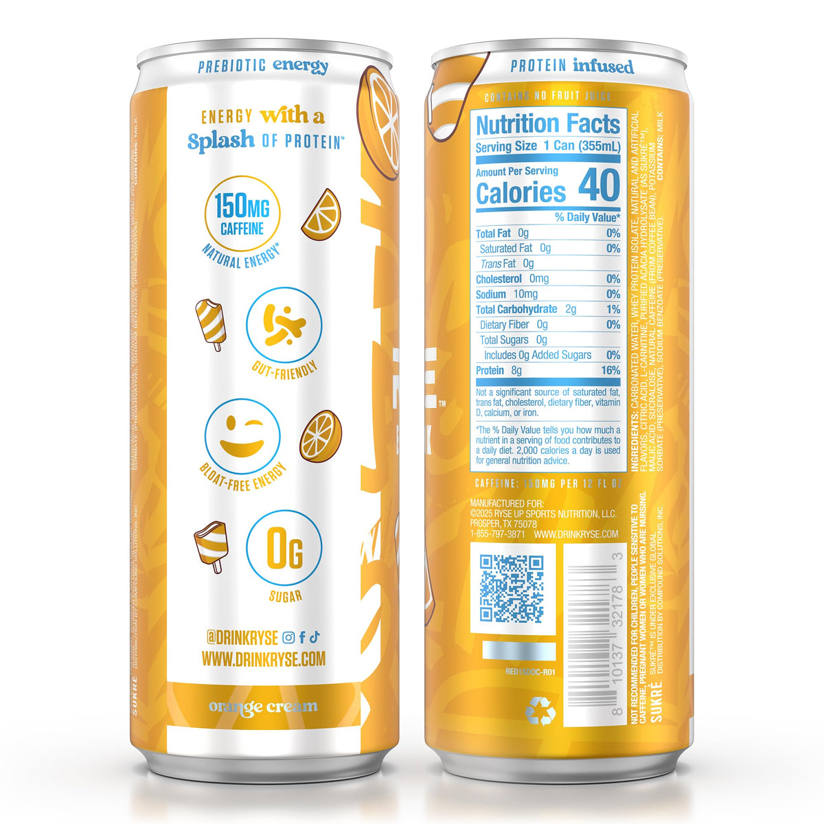 RYSE Functional Energy Drink - Orange Cream | 150mg Caffeine, 8g Protein, 1g Prebiotics | Sugar Free, Gut-Friendly | 12 fl oz Cans (12-Pack)