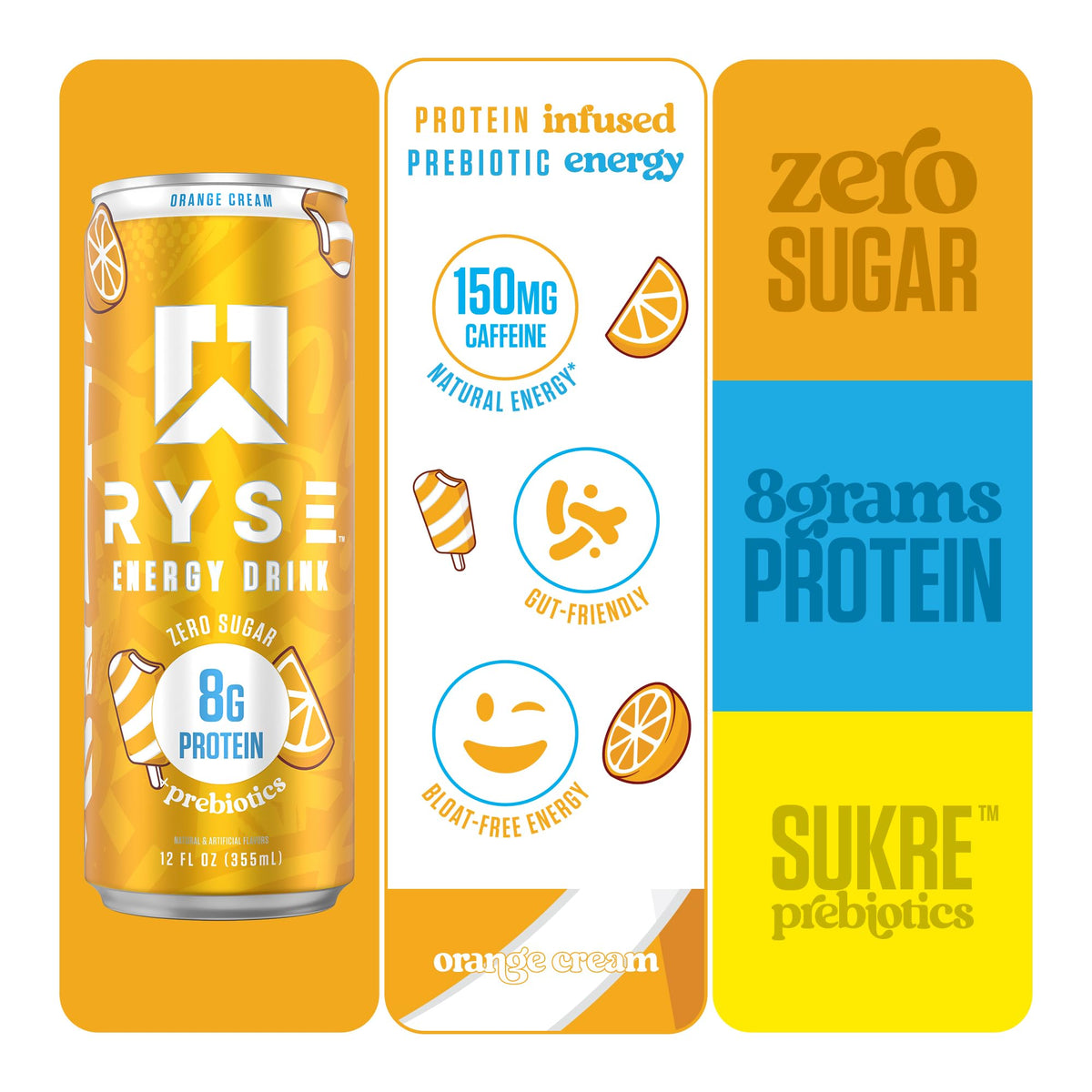 RYSE Functional Energy Drink - Orange Cream | 150mg Caffeine, 8g Protein, 1g Prebiotics | Sugar Free, Gut-Friendly | 12 fl oz Cans (12-Pack)