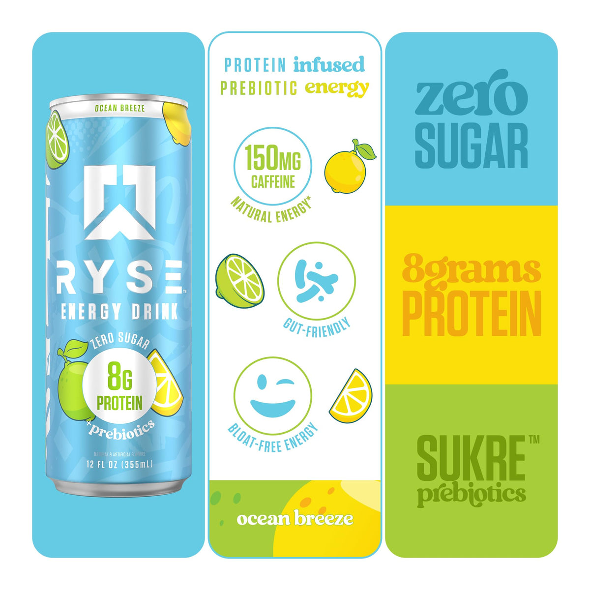 RYSE Ocean Breeze Functional Energy Drink – 150mg Caffeine, 8g Protein, 1g Prebiotics (Sugar Free)