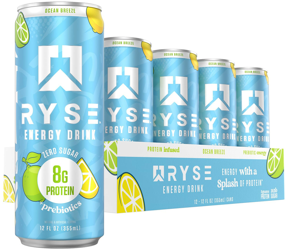 RYSE Ocean Breeze Functional Energy Drink – 150mg Caffeine, 8g Protein, 1g Prebiotics (Sugar Free)