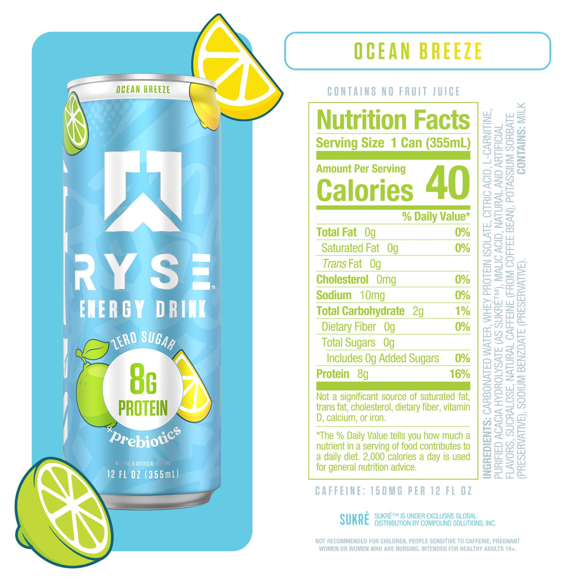 RYSE Ocean Breeze Functional Energy Drink – 150mg Caffeine, 8g Protein, 1g Prebiotics (Sugar Free)