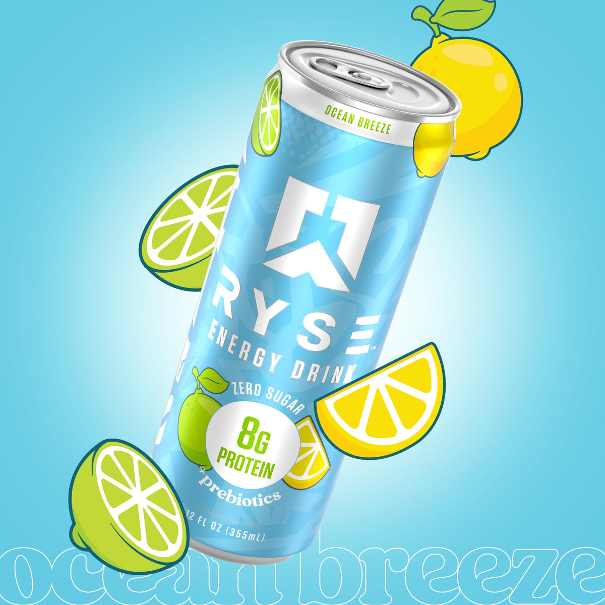 RYSE Ocean Breeze Functional Energy Drink – 150mg Caffeine, 8g Protein, 1g Prebiotics (Sugar Free)