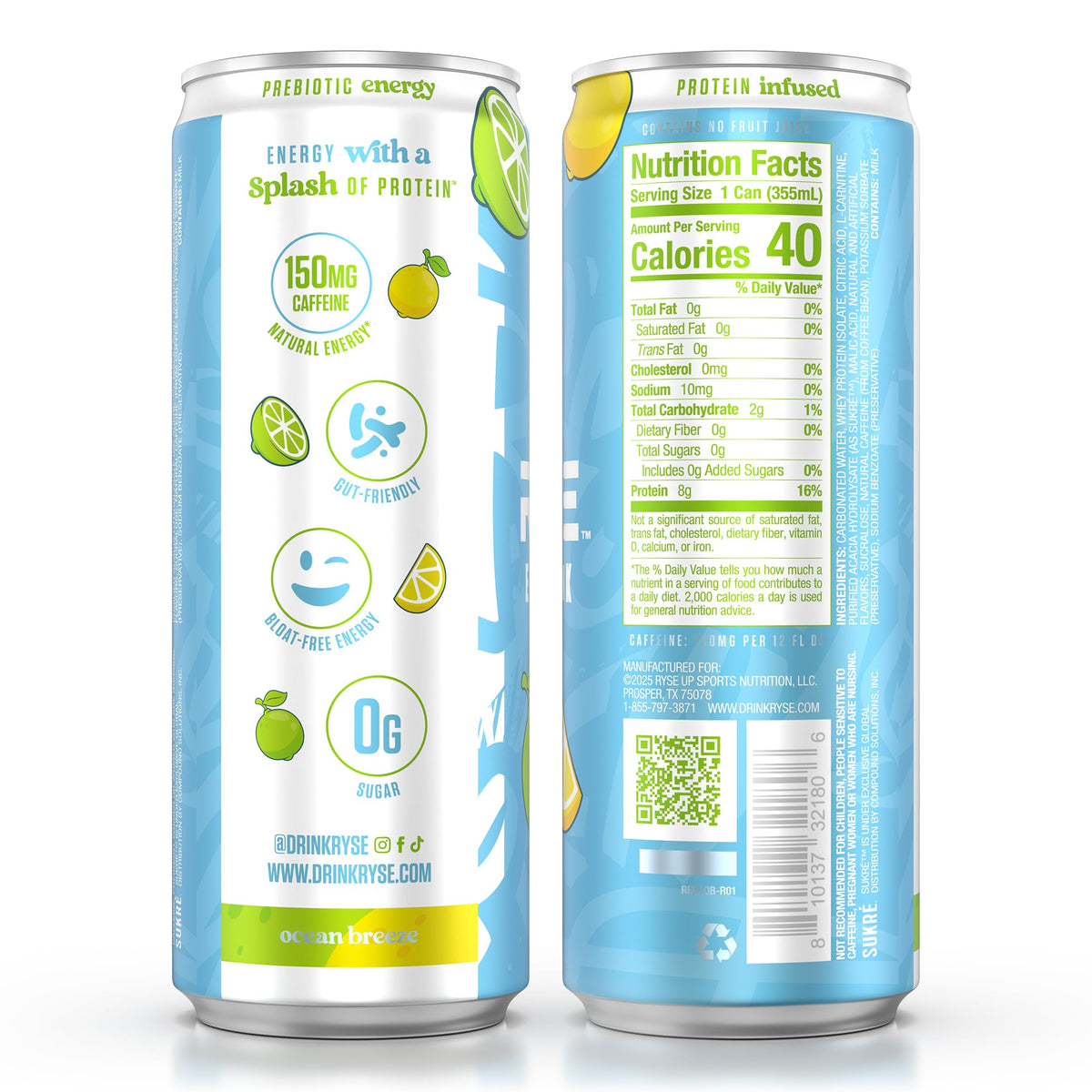 RYSE Ocean Breeze Functional Energy Drink – 150mg Caffeine, 8g Protein, 1g Prebiotics (Sugar Free)