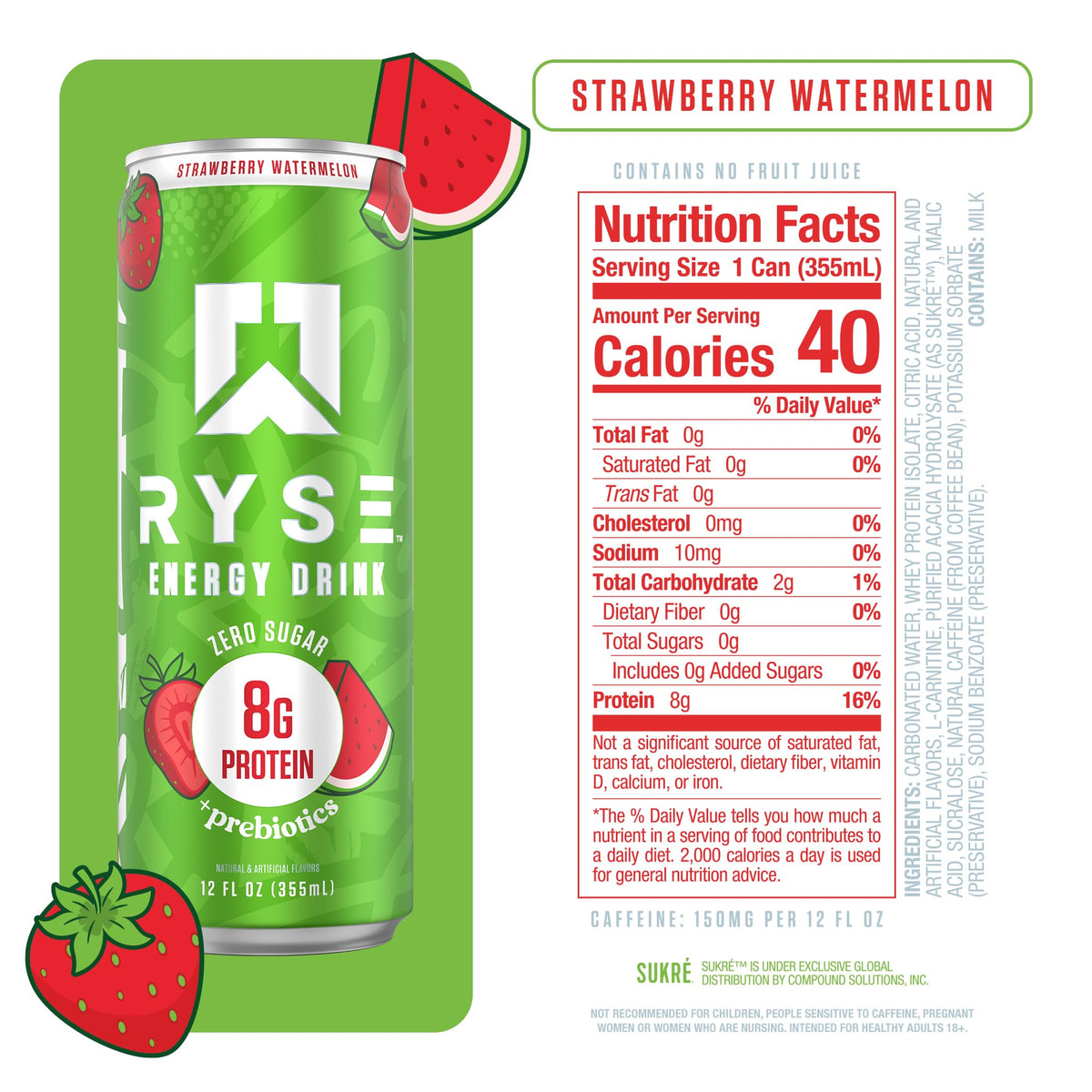 RYSE Functional Energy Drink – Strawberry Watermelon | 150mg Caffeine, 8g Protein, 1g Prebiotic | Sugar Free