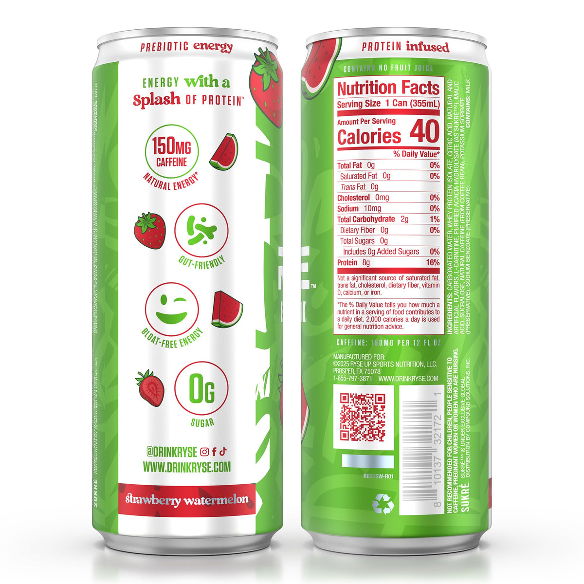 RYSE Functional Energy Drink – Strawberry Watermelon | 150mg Caffeine, 8g Protein, 1g Prebiotic | Sugar Free