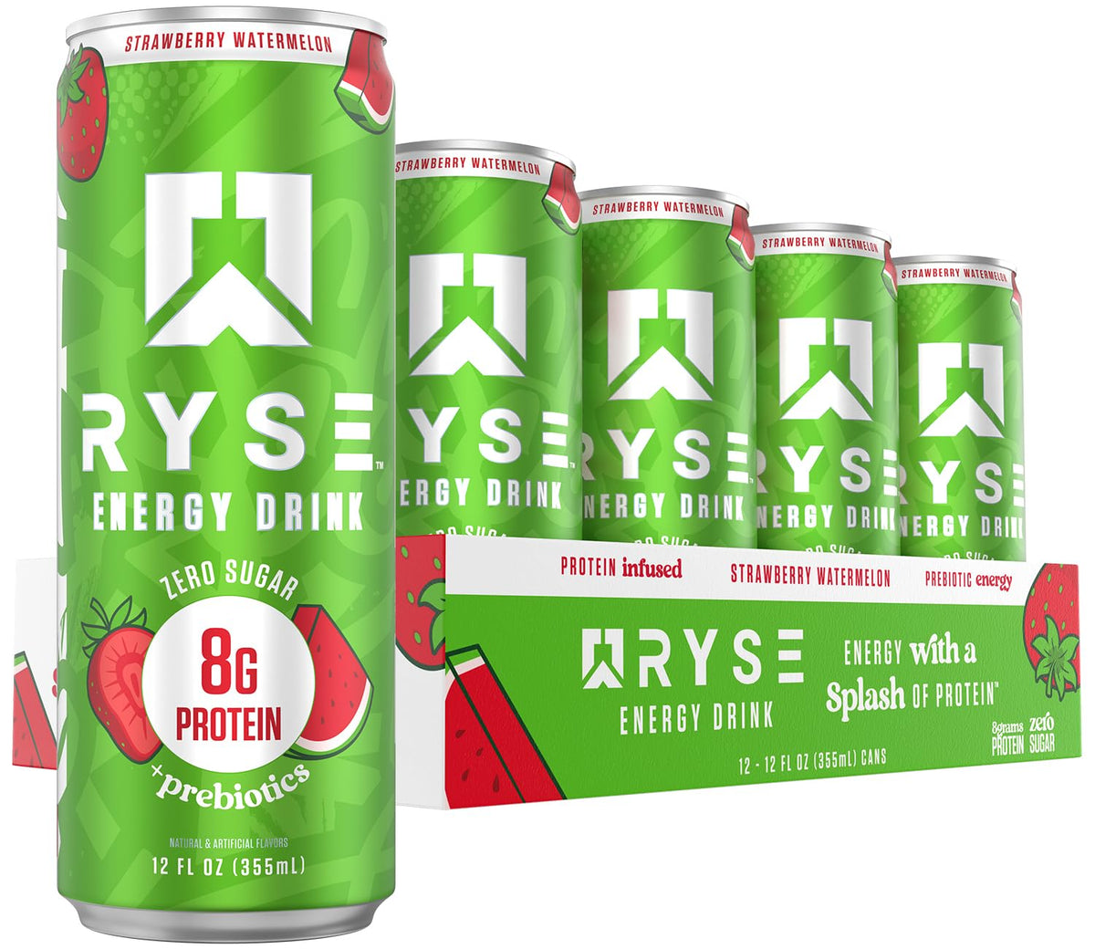 RYSE Functional Energy Drink – Strawberry Watermelon | 150mg Caffeine, 8g Protein, 1g Prebiotic | Sugar Free