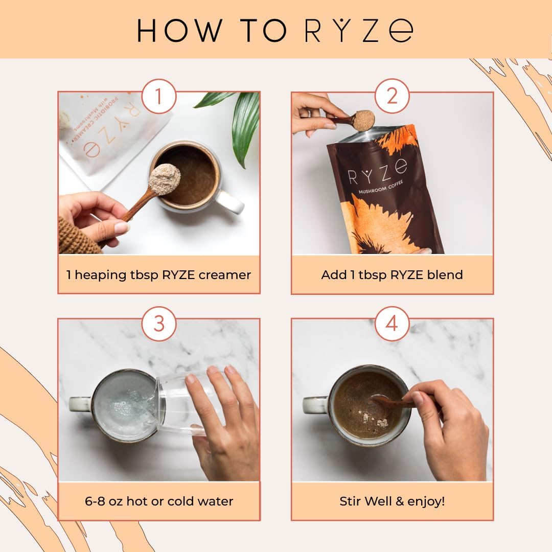 RYZE SUPERFOODS Probiotic Coffee Creamer with 6 Organic Adaptogenic Mushrooms & Probiotics – Gluten Free, USA Grown