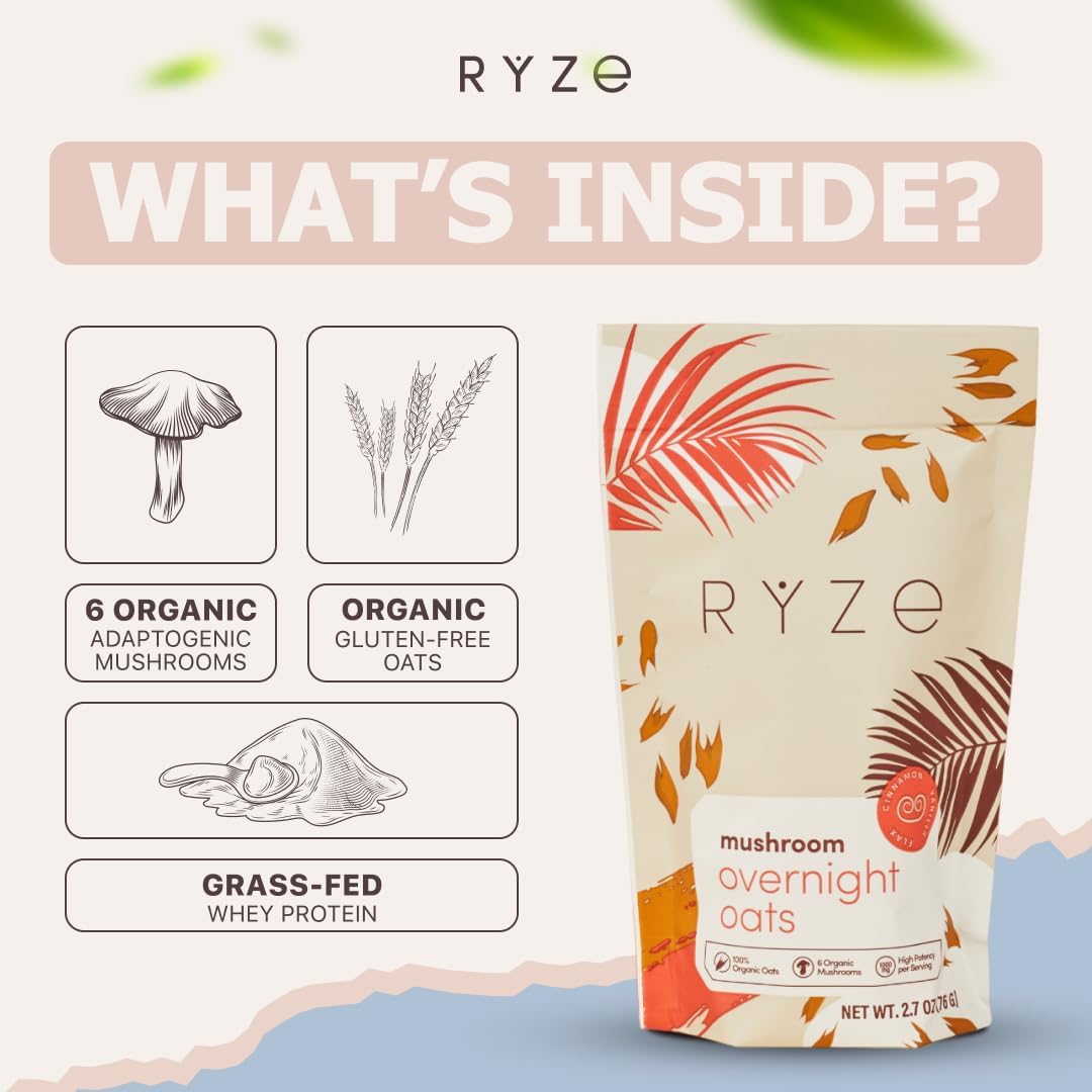 RYZE SUPERFOODS Mushroom Protein Overnight Oats – 7 Servings, 20g Grass-Fed Whey, 6 Adaptogenic Mushrooms, Chia Seeds