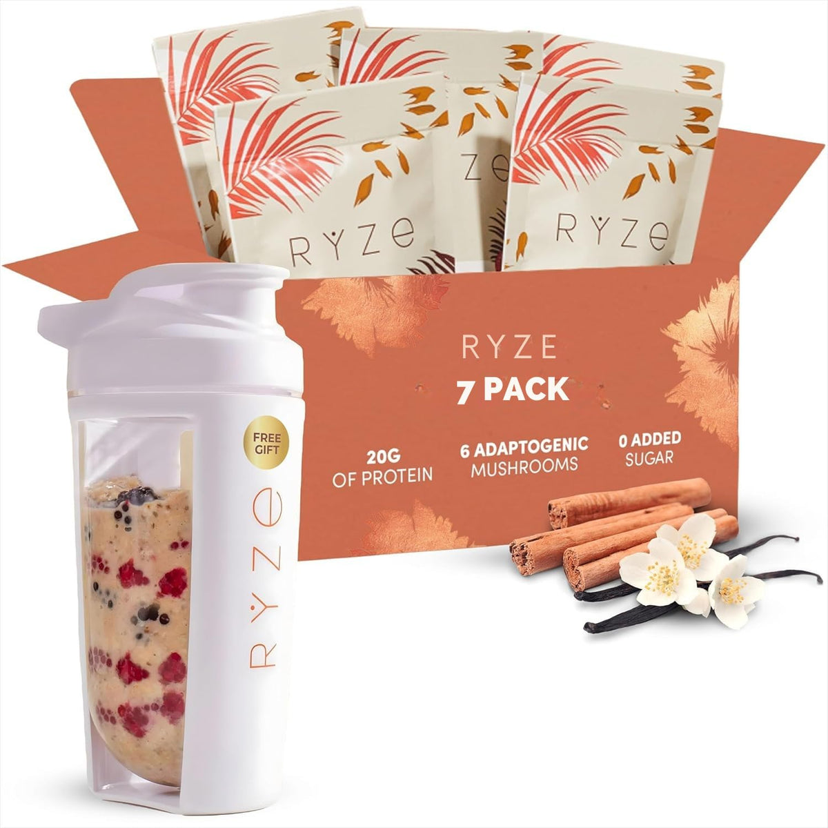RYZE SUPERFOODS Mushroom Protein Overnight Oats – 7 Servings, 20g Grass-Fed Whey, 6 Adaptogenic Mushrooms, Chia Seeds
