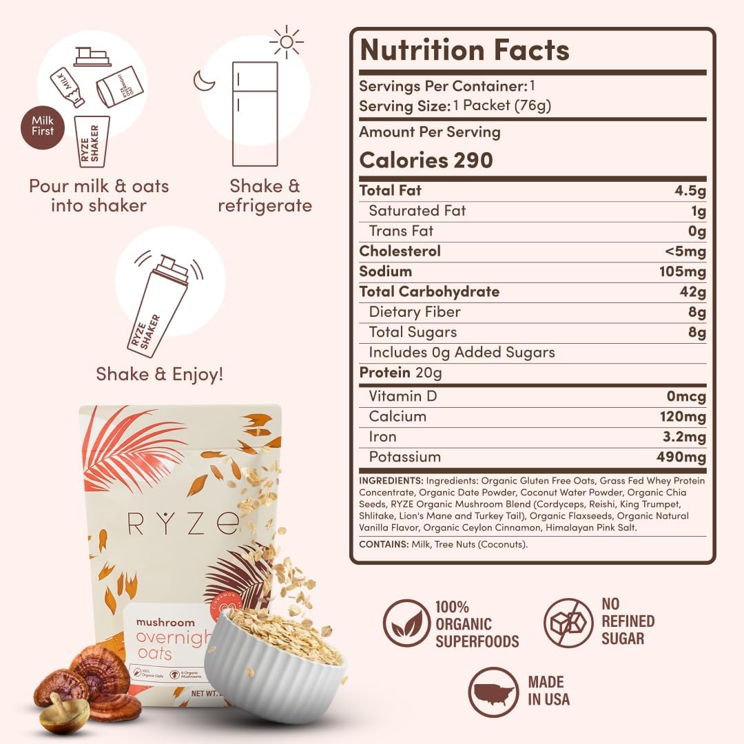 RYZE SUPERFOODS Mushroom Protein Overnight Oats – 7 Servings, 20g Grass-Fed Whey, 6 Adaptogenic Mushrooms, Chia Seeds