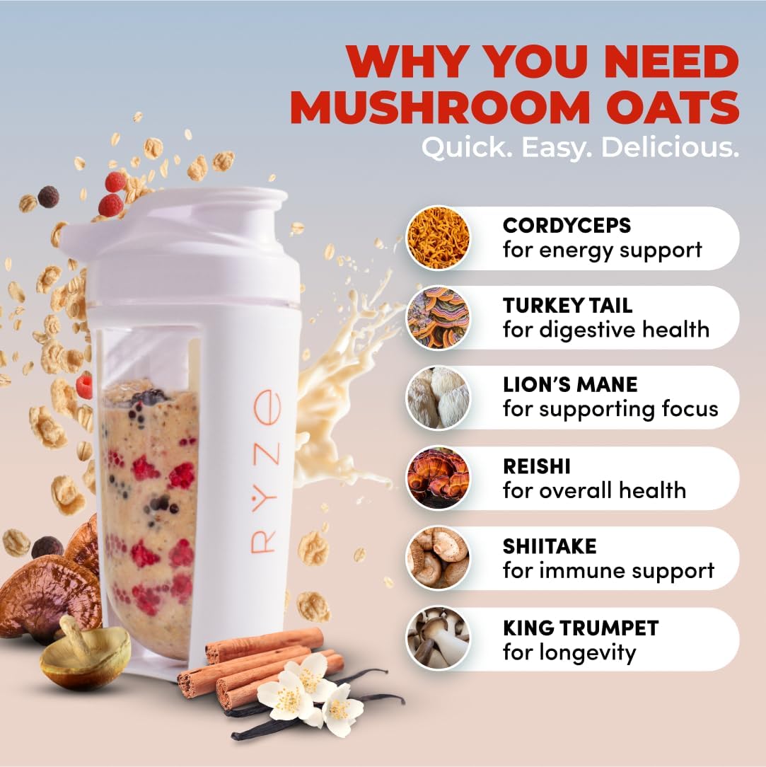 RYZE SUPERFOODS Mushroom Protein Overnight Oats – 7 Servings, 20g Grass-Fed Whey, 6 Adaptogenic Mushrooms, Chia Seeds