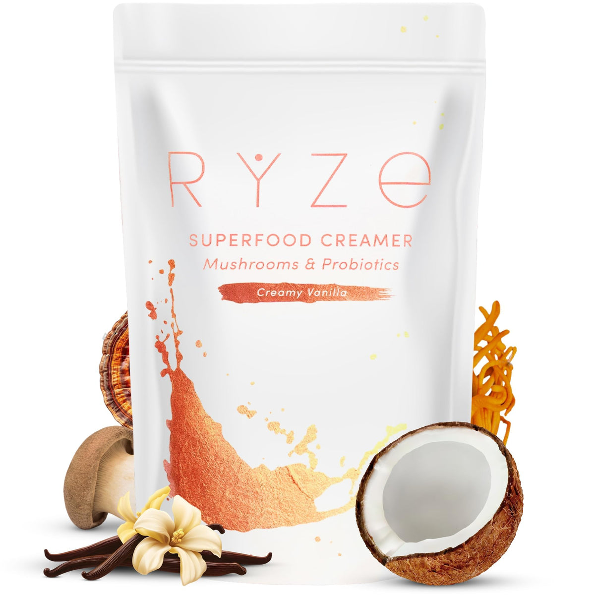 RYZE SUPERFOODS Probiotic Coffee Creamer with 6 Organic Adaptogenic Mushrooms & Probiotics – Gluten Free, USA Grown