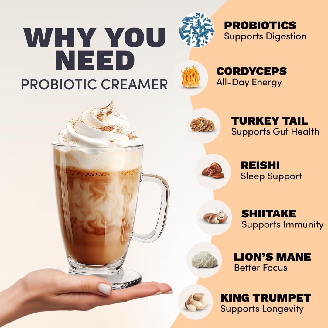 RYZE SUPERFOODS Probiotic Coffee Creamer with 6 Organic Adaptogenic Mushrooms & Probiotics – Gluten Free, USA Grown