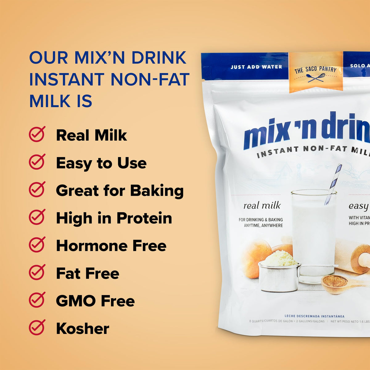 SACO Mix 'n Drink Instant Skim Milk — Fat-Free, High Calcium & Protein, Makes 10 Gallons