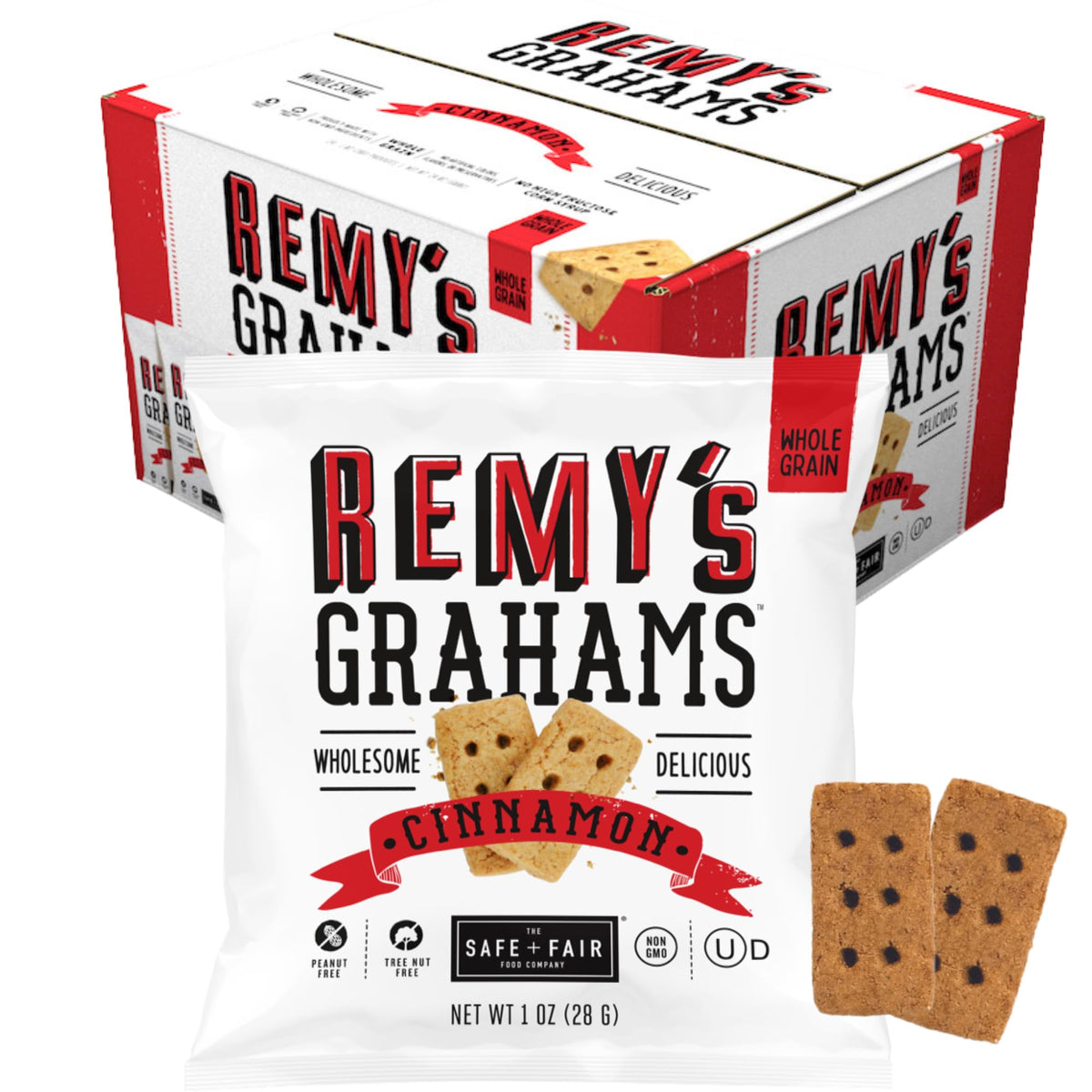 Safe + Fair Remy’s Cinnamon Grahams 24ct – Nut-Free Whole Grain Snack