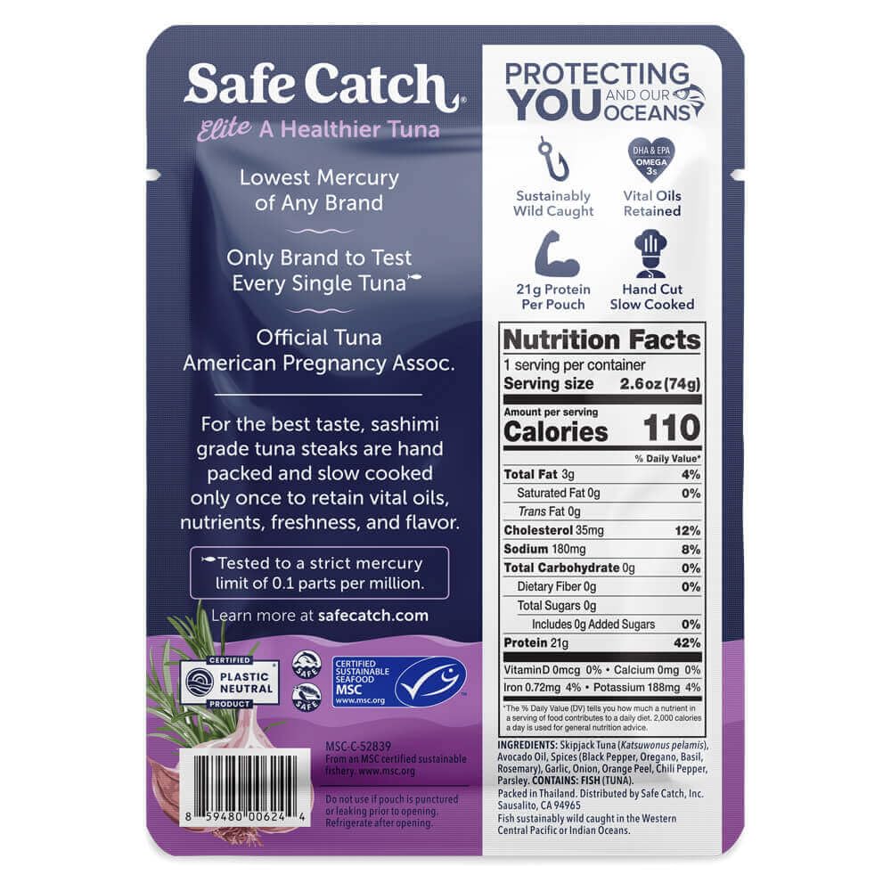 Safe Catch Elite Garlic Herb Wild-Caught Tuna Pouch – Lowest Mercury, Gluten-Free, Paleo, Non-GMO, 2.6oz, Pack of 12