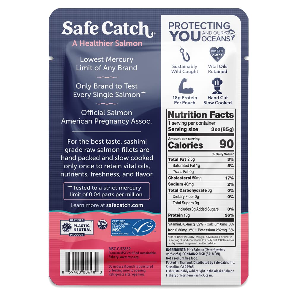 Safe Catch Skinless & Boneless Wild Pacific Pink Salmon Pouch, No Salt Added, Mercury Tested, Kosher, 3oz Pouches, Pack of 12