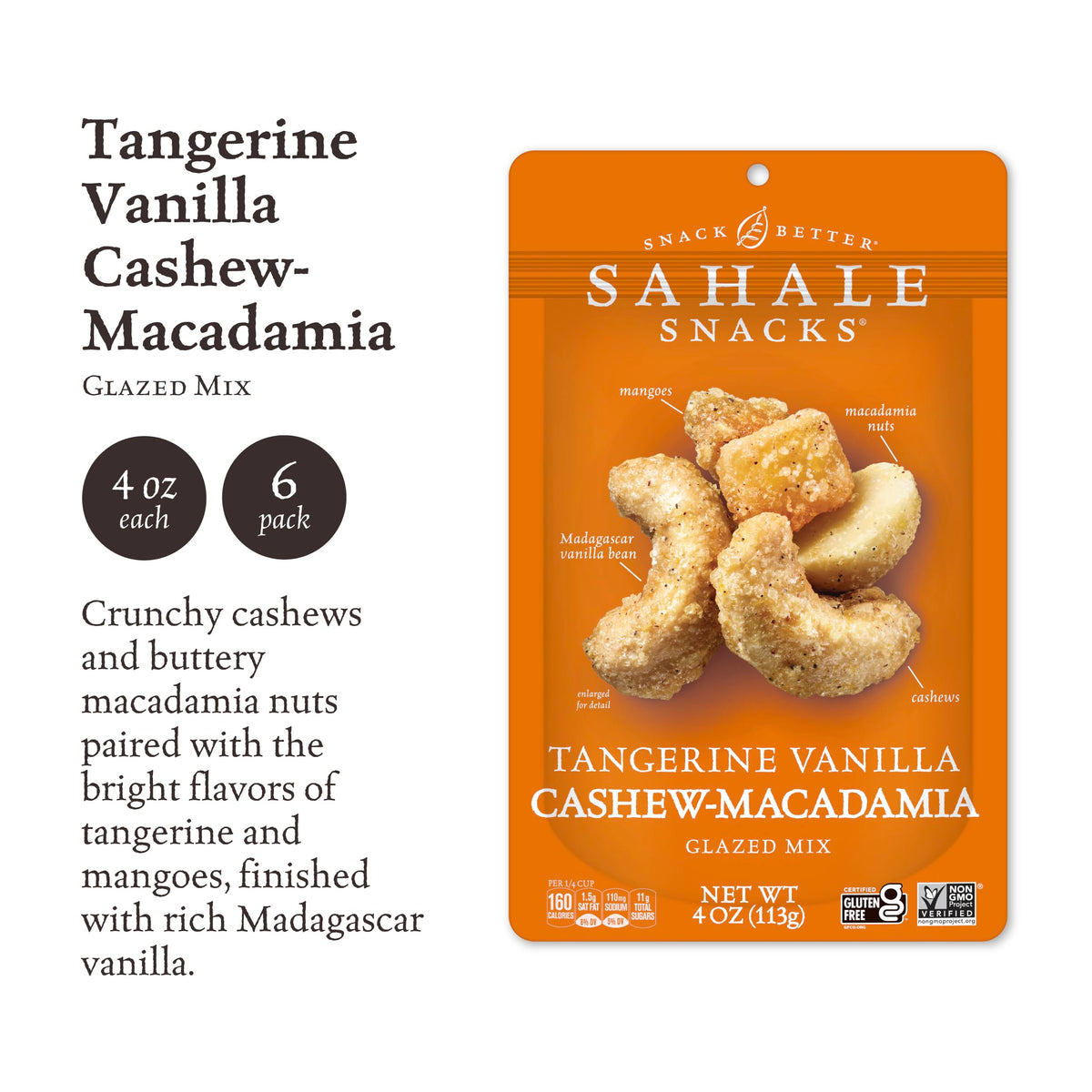 Sahale Snacks Tangerine Vanilla Cashew-Macadamia Glazed Mix – 4 oz Pouches (6 Pack) – Non-GMO, Kosher, Gluten-Free